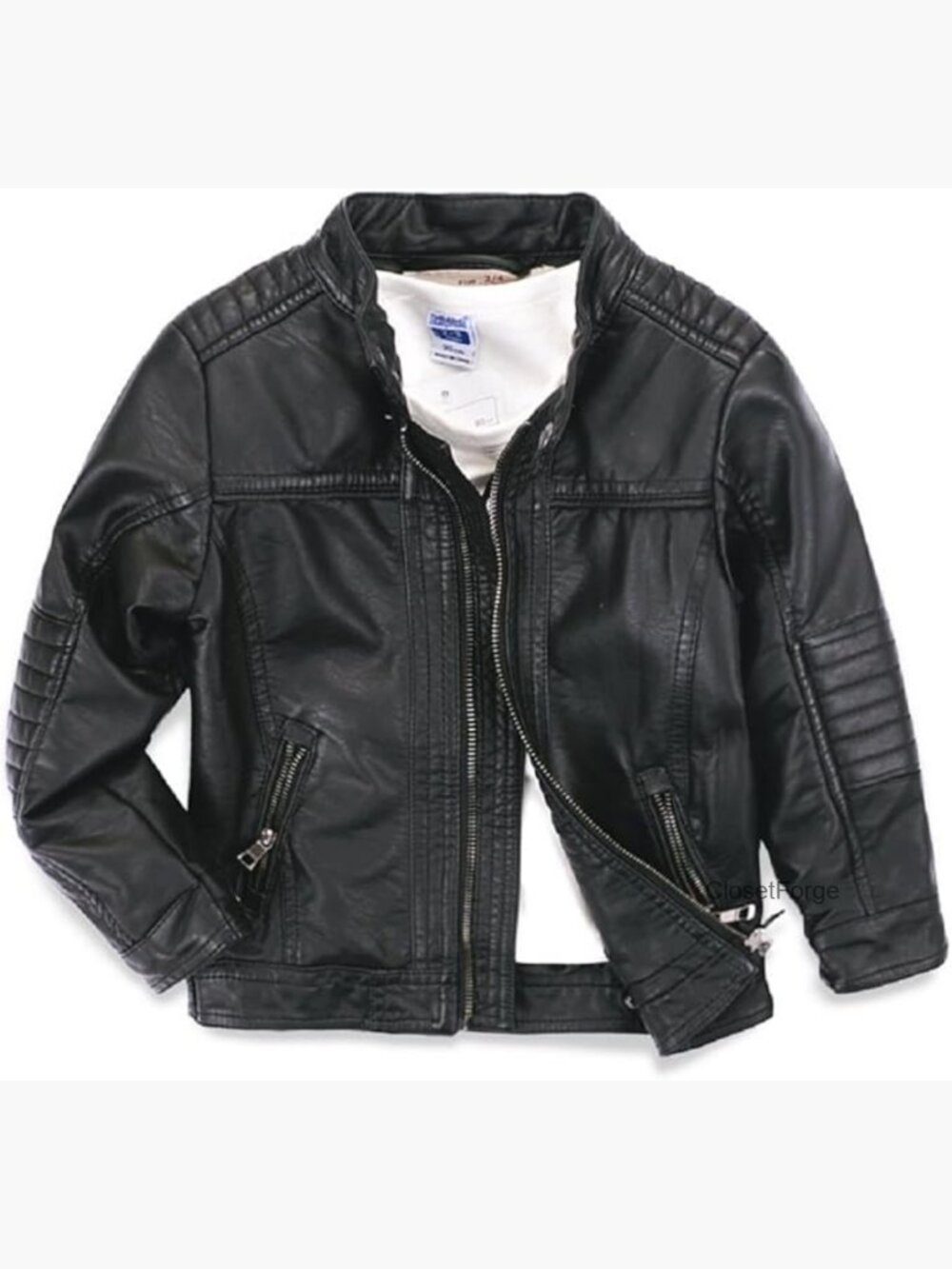 Boys Faux Leather Motorcycle Jacket Zipper Front Biker Coat